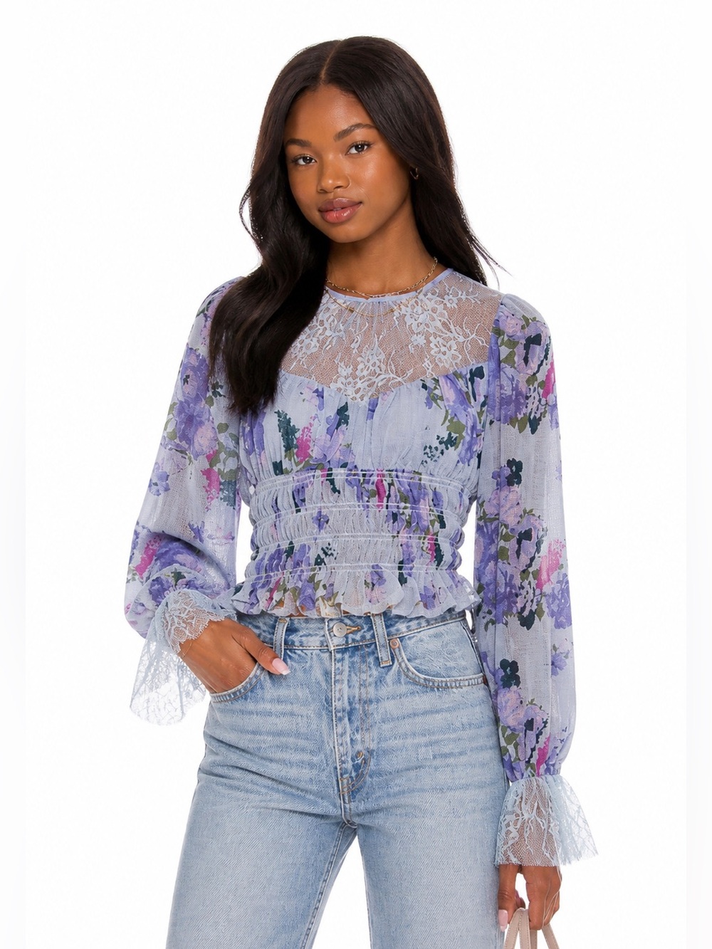 Free People Daphne Blouse Silver Blue Lace Gauze Crop Boho Top NWT